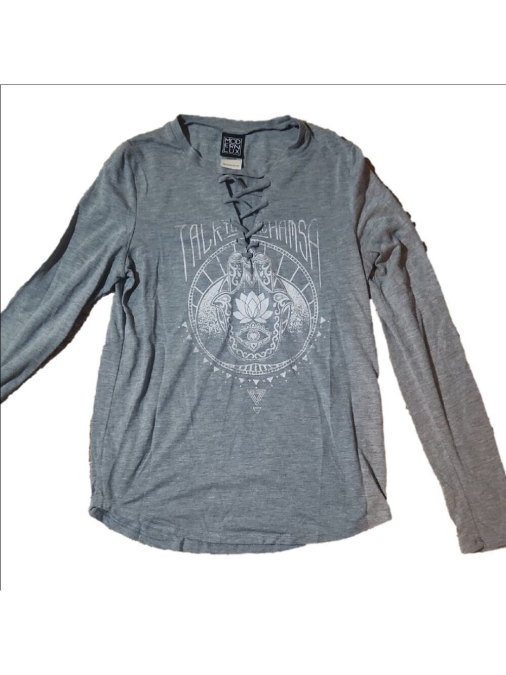 Modern Lux Loose Soft Laceup Bohemian Cotton Gray Long Sleeve Tee